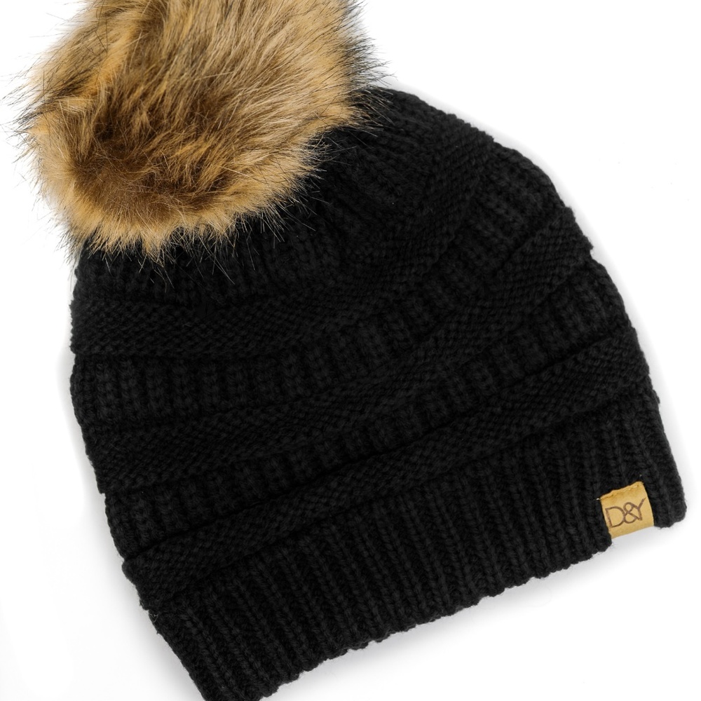 Double Lined Black Knitted Chic Pom Pom Beanie